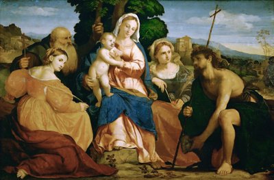 Mary with Child and Saints Catherine and Celestine (left) and John the Baptist and Barbara (right) by Palma il Vecchio